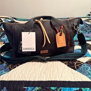 Consuela Black Cyndi City Satchel with pink and turquoise stitching